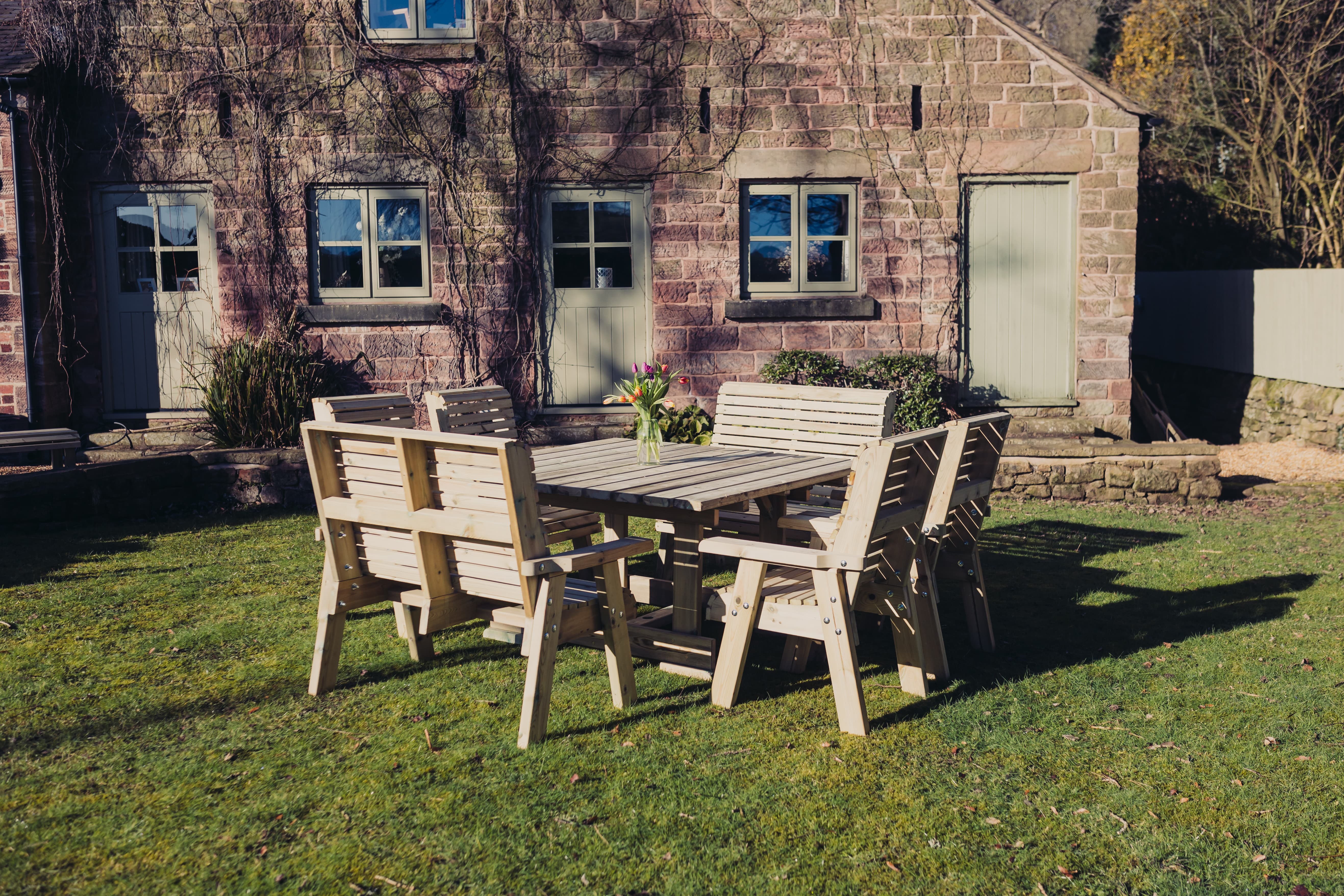 Ergo 8 Seater Chunky Wooden Garden Dining Square Table Set - 4 Double Benches