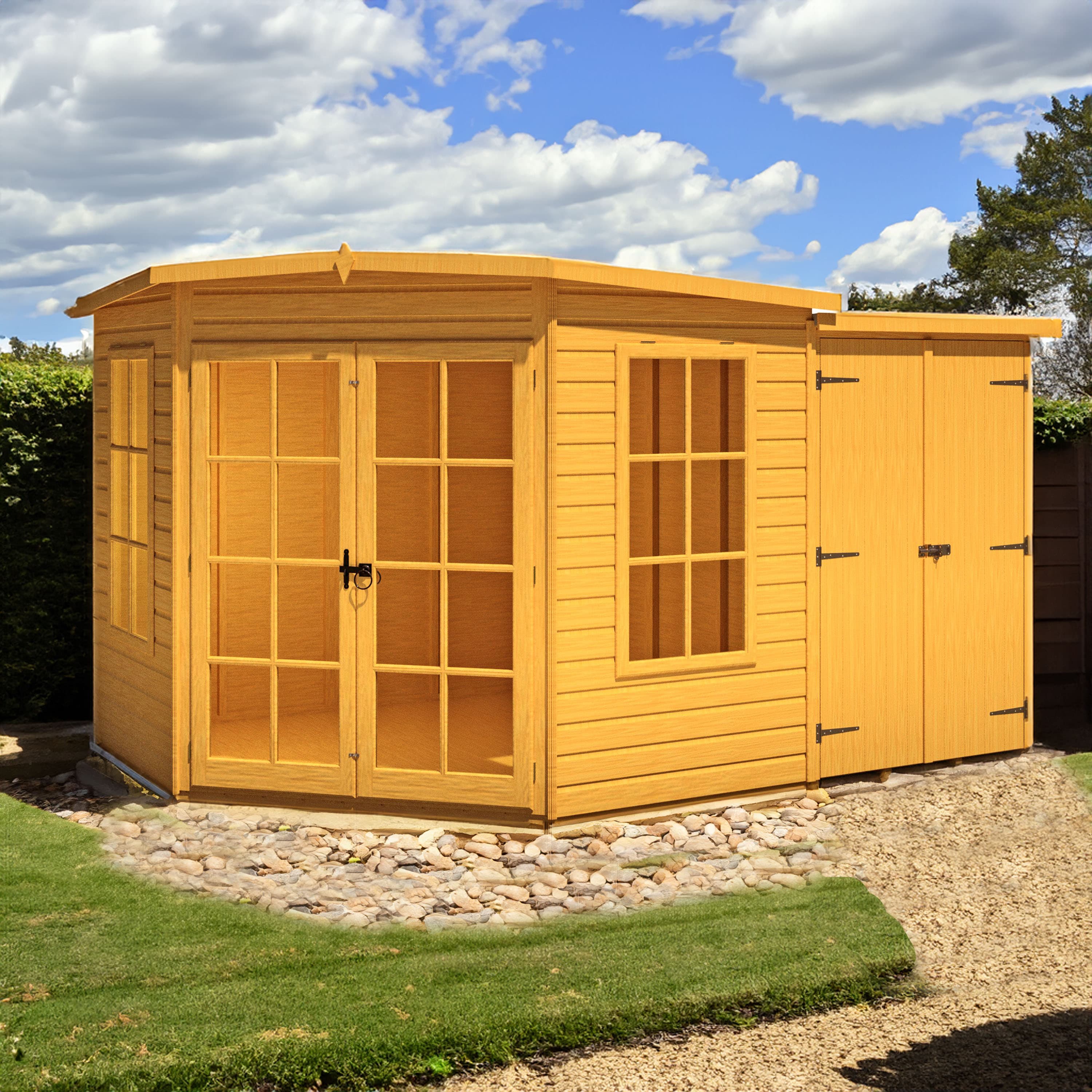 Hampton 7x11 Wooden Corner Summerhouse with Side Shed