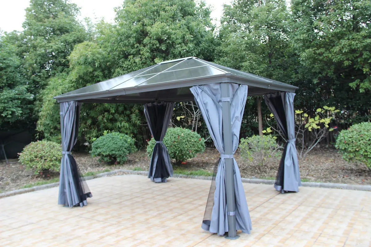 Lugano 3m x 3.6m Grey Aluminium Polycarbonate Gazebo & Pergola with Curtains