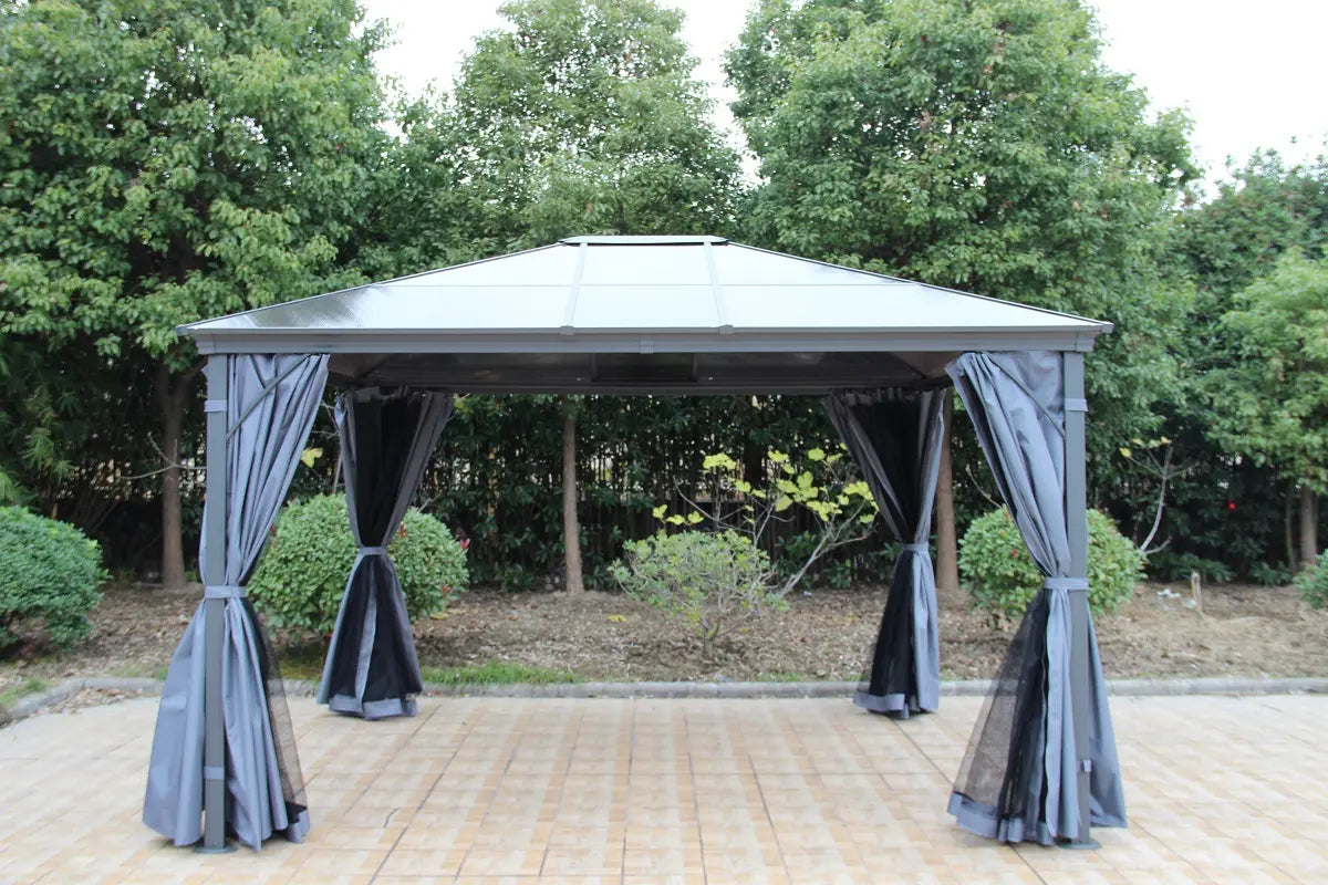 Lugano 3m x 3.6m Grey Aluminium Polycarbonate Gazebo & Pergola with Curtains