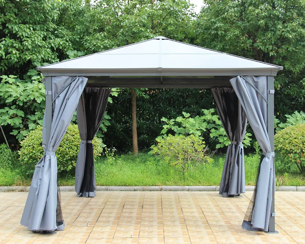 Lugano 3m x 3m Grey Aluminium Polycarbonate Gazebo & Pergola with Curtains