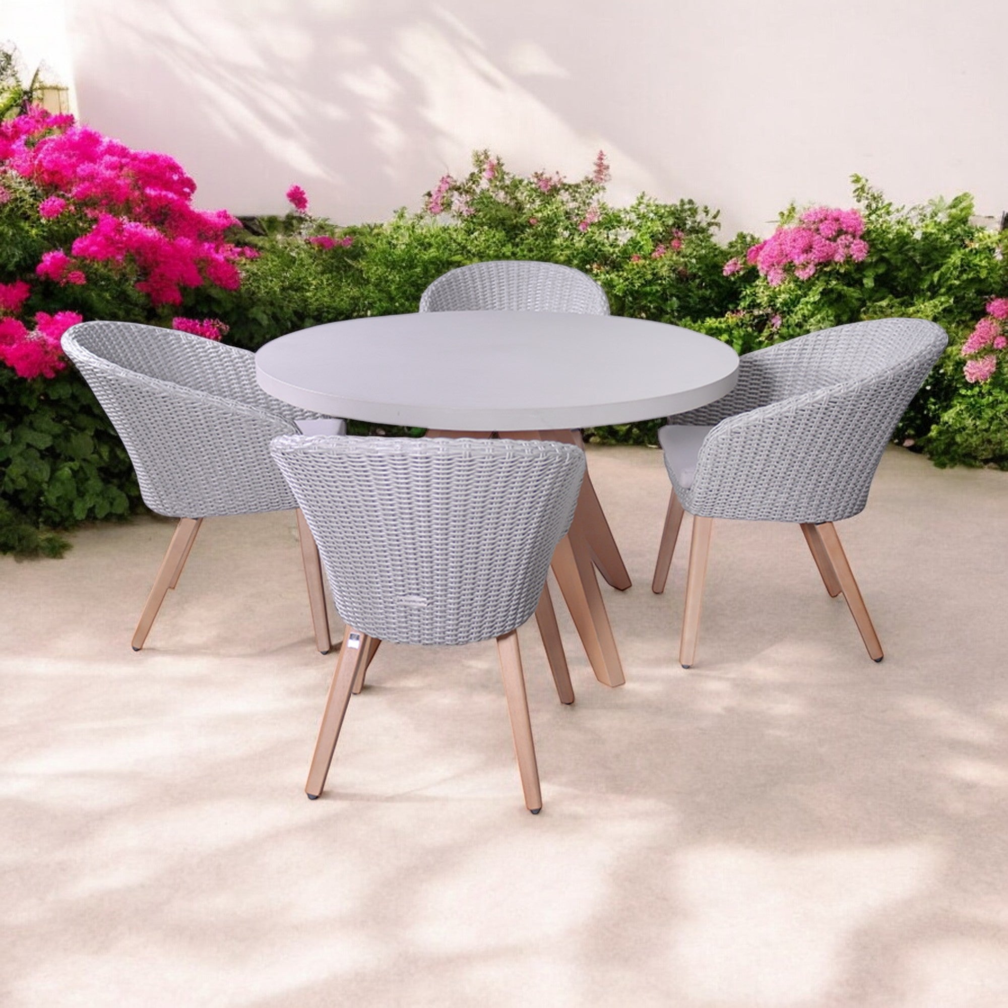 Luna 4 Seater Wooden & Rattan Weave Garden Dining Set- 120cm Round Concrete Table