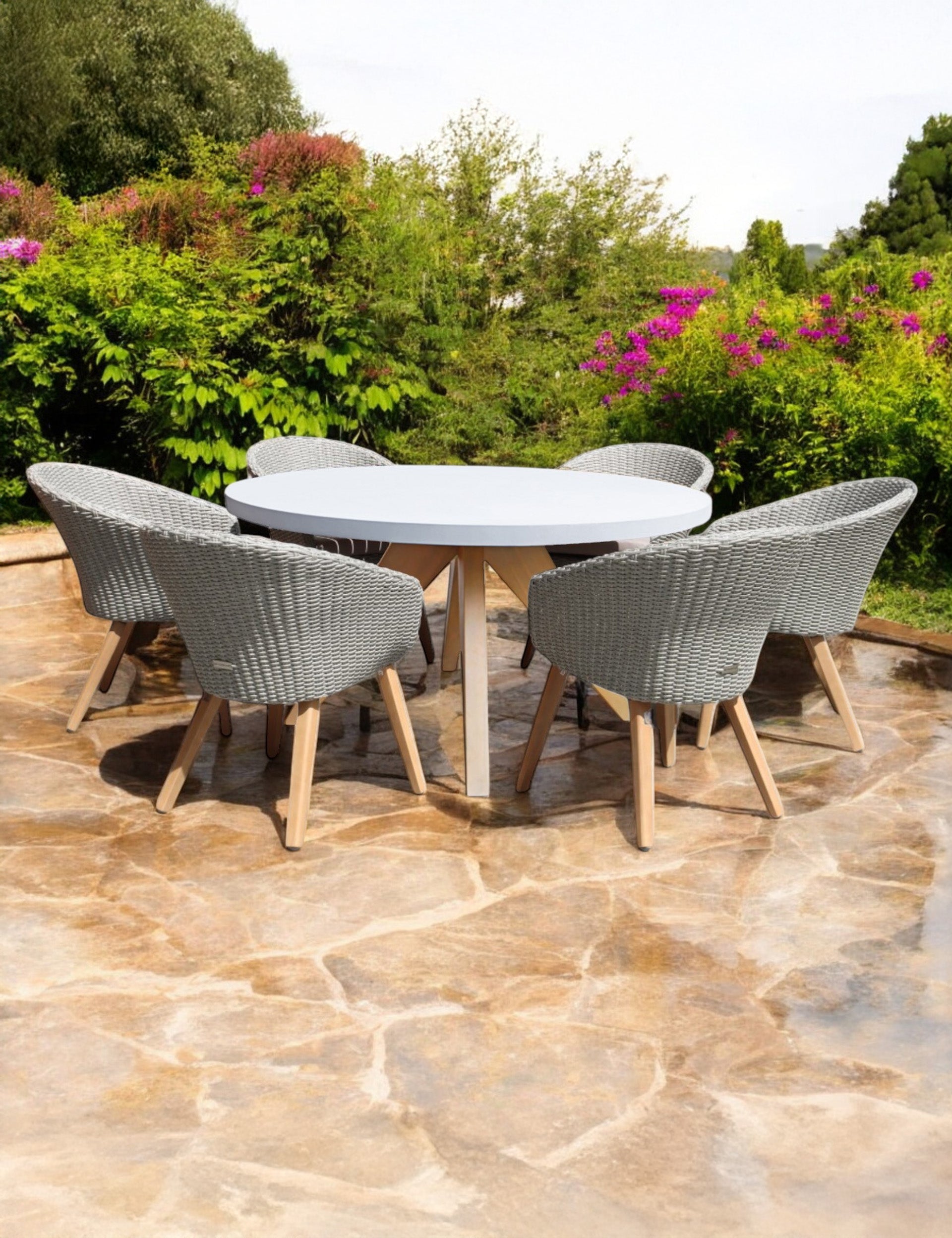 Luna 6 Seater Wooden & Rattan Weave Garden Dining Set - 150cm Round Concrete Table