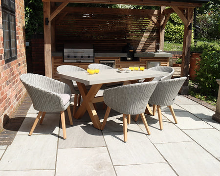 Luna 6 Seater Wooden & Rattan Dining Table Set with 180x90cm Concrete Table