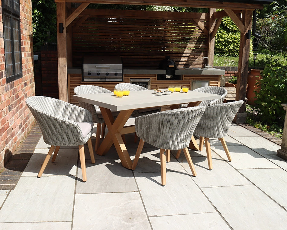 Luna 6 Seater Wooden & Rattan Dining Table Set with 180x90cm Concrete Table