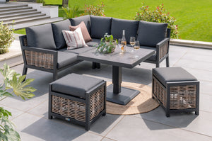 Langham Mini Lounge Corner Set with Height Adjustable Table & 2 Stools - Dark Grey/Charcoal