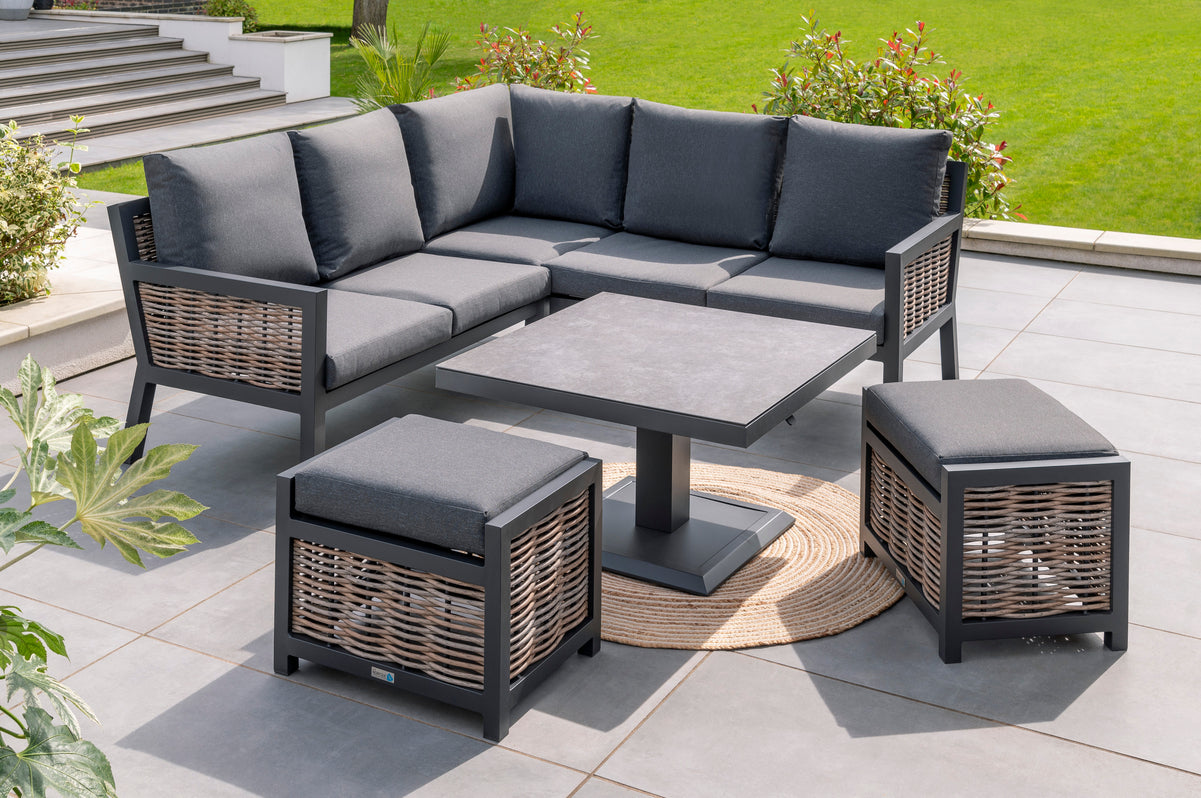 Langham Mini Lounge Corner Set with Height Adjustable Table & 2 Stools - Dark Grey/Charcoal