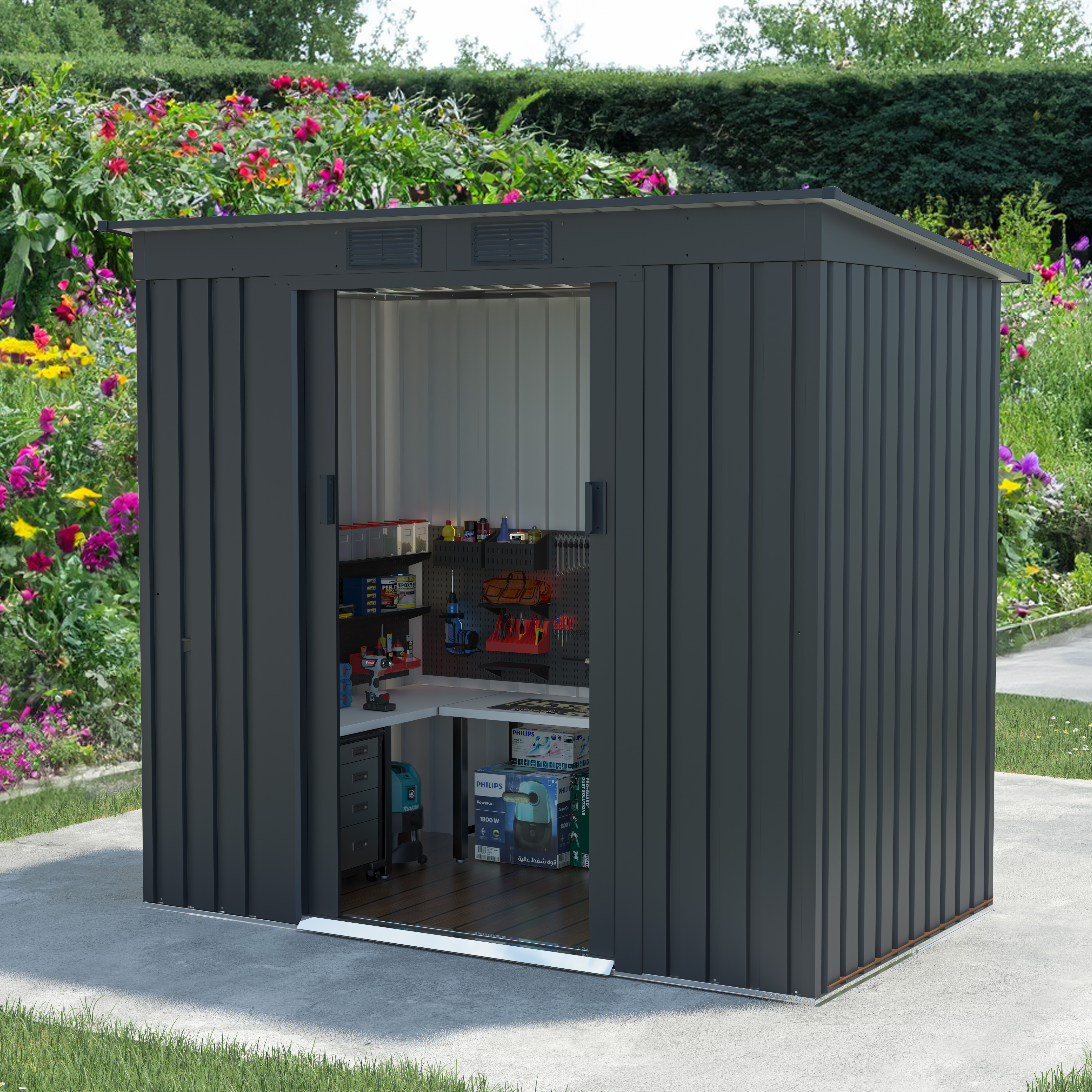 Storemore Lotus 7x4 Adonis Pent Metal Garden Shed in Anthracite Grey