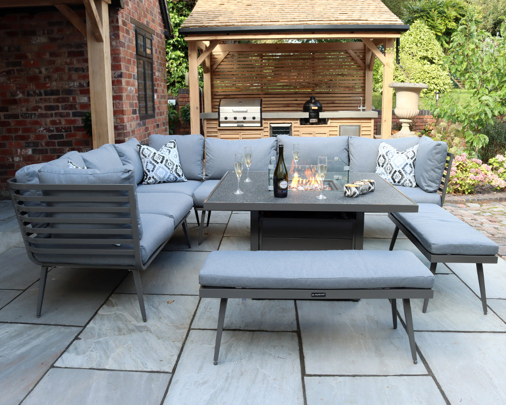 Mayfair 10 Seater Corner Lounge Set with Fire Pit Table - Grey Frame