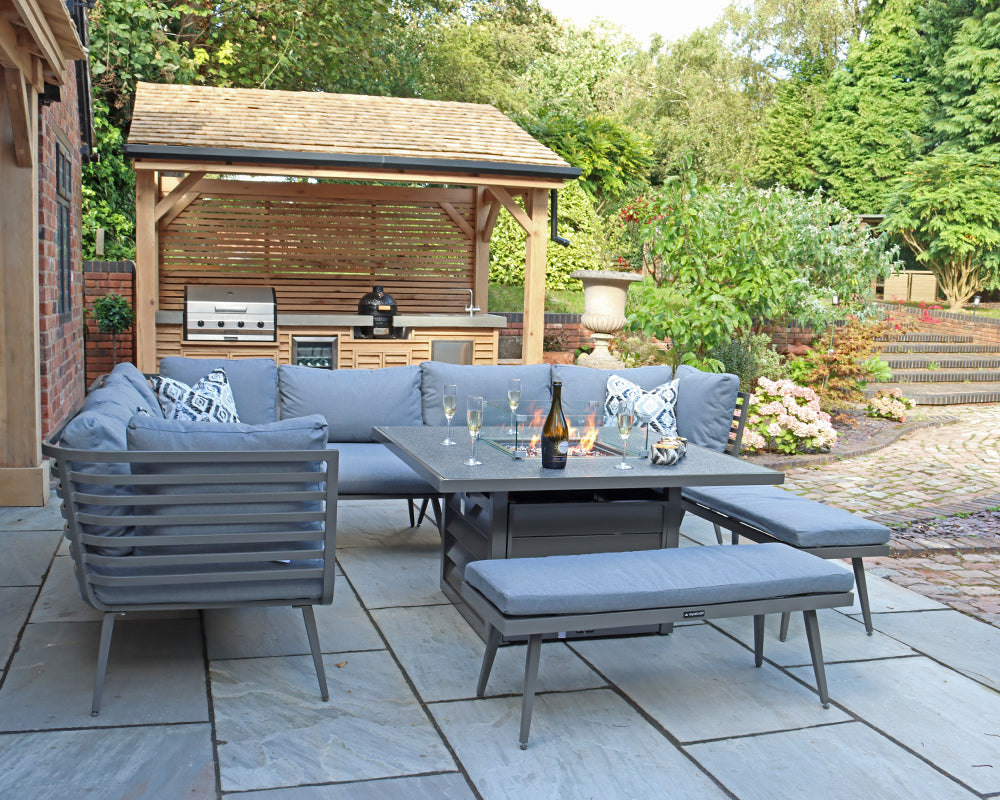 Mayfair 10 Seater Corner Lounge Set with Fire Pit Table - Grey Frame