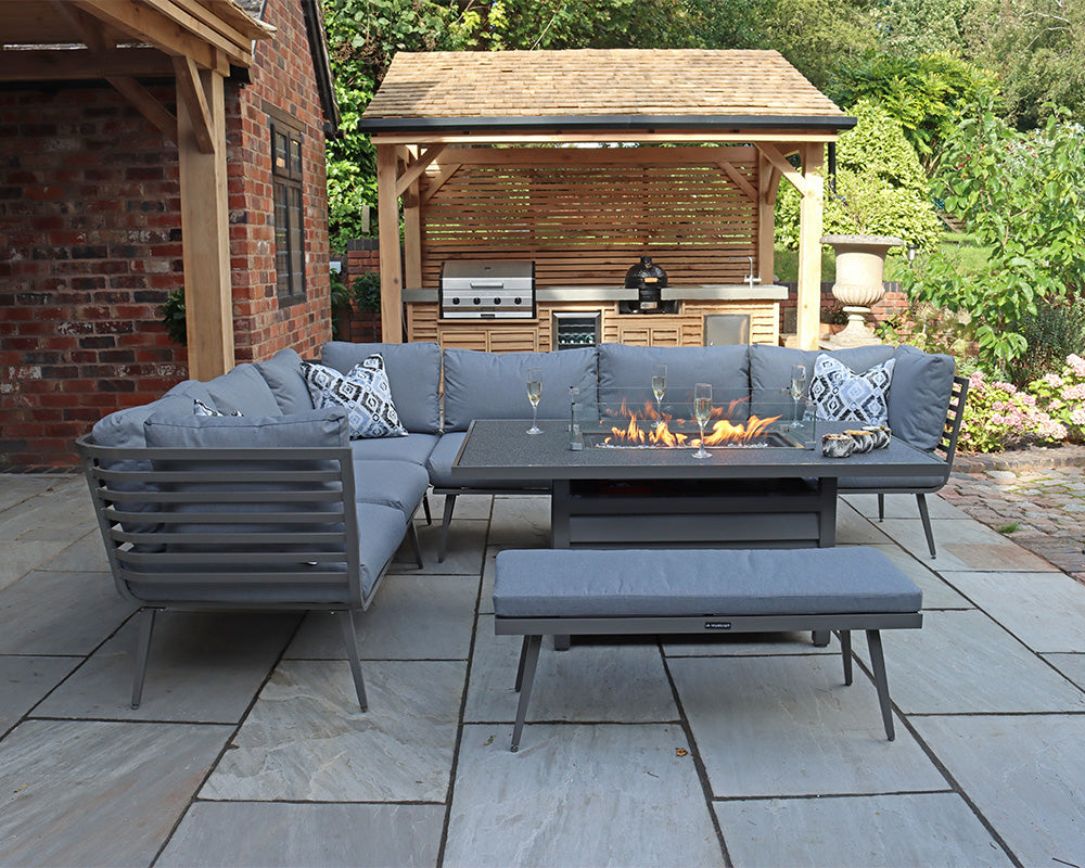 Mayfair 8 Seat Corner Lounge Set with Fire Pit Table - Grey Frame