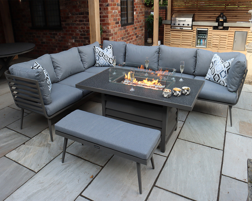 Mayfair 8 Seat Corner Lounge Set with Fire Pit Table - Grey Frame