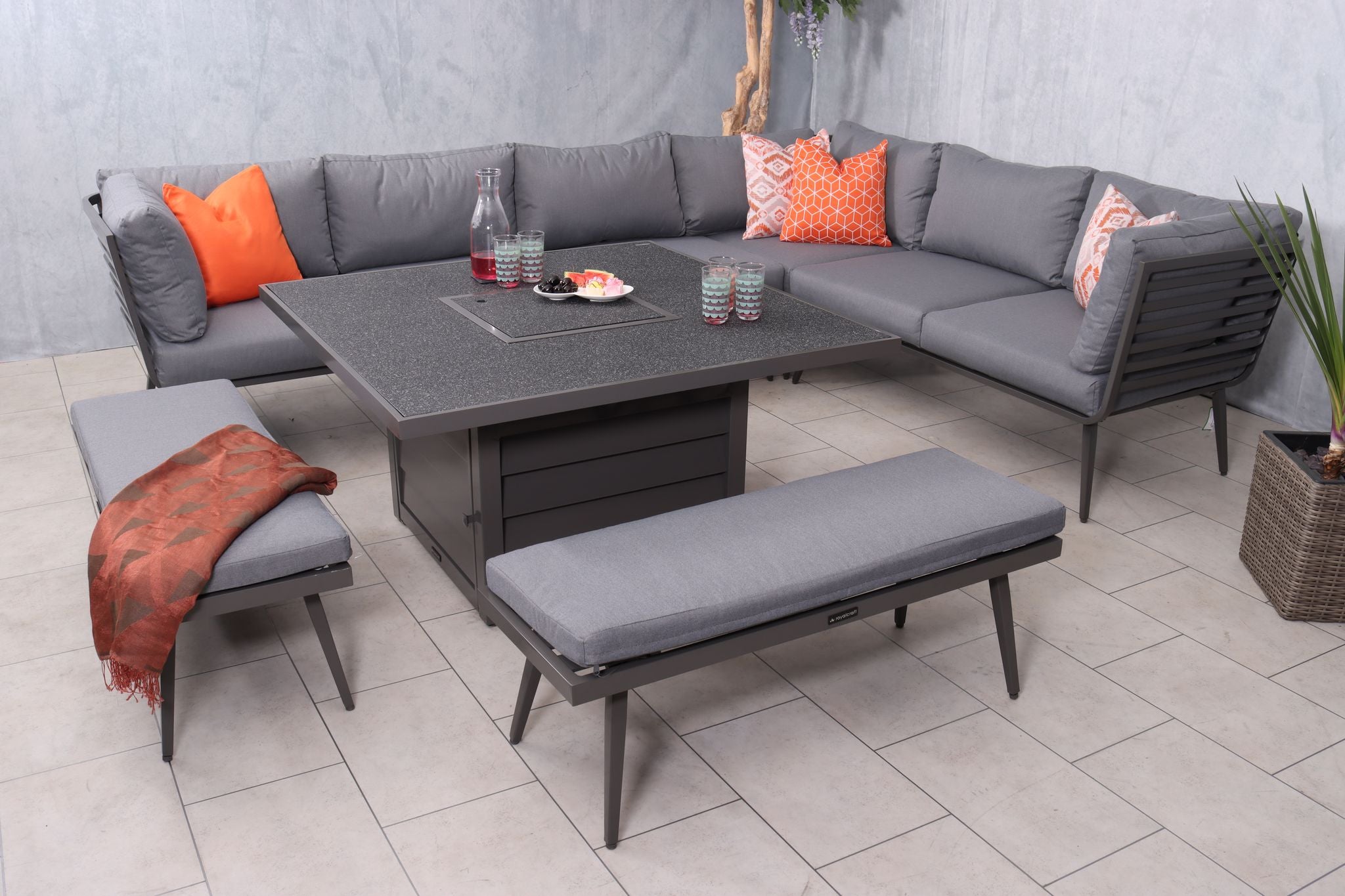 Royalcraft Mayfair Corner Lounging Set with Fire Pit – Grey