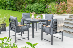 Bellmount 4 Seater Garden Dining Set -Black Aluminium Frame with Grey Rope & Grey Cushions