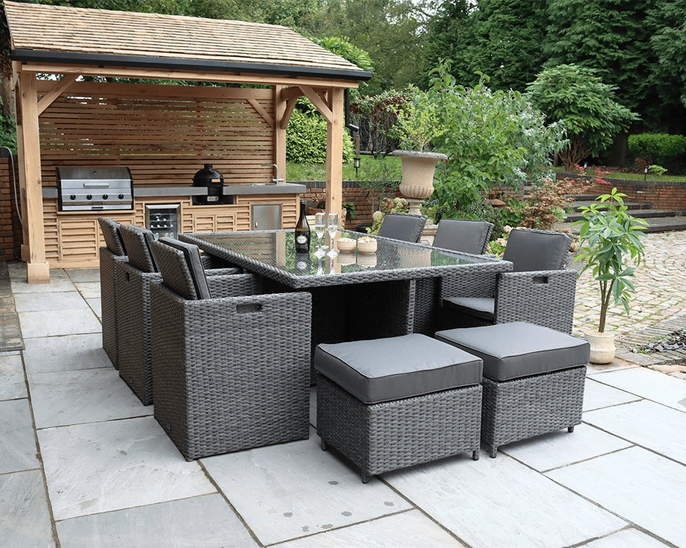 Paris 10 Seater Rattan Garden Dining Cube Set with Square Table, 6 Cube Chairs & 4 Integral Stools