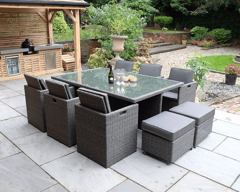 Paris 10 Seater Rattan Garden Dining Cube Set with Square Table, 6 Cube Chairs & 4 Integral Stools