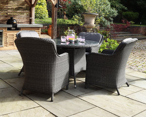 Paris 4 Seater Rattan Imperial Garden Dining Set with 110cm Round Glass Top Table - Grey