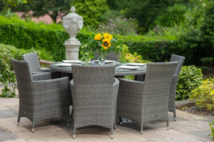 Paris 6 Seater Rattan Carver Dining Set with 140cm Glass Topped Table - Grey