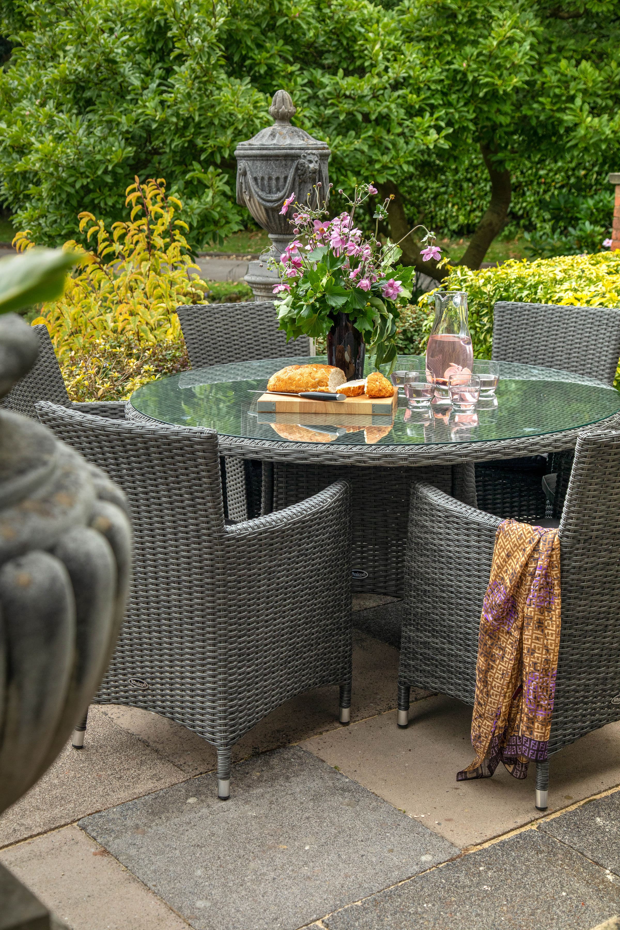 Paris 6 Seater Rattan Carver Dining Set with 140cm Glass Topped Table - Grey