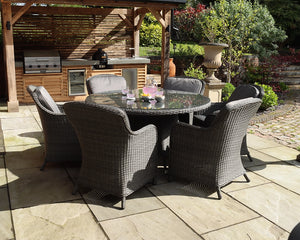 Paris 6 Seater Rattan Imperial Garden Dining Set with 140cm Glass Top Table - Grey