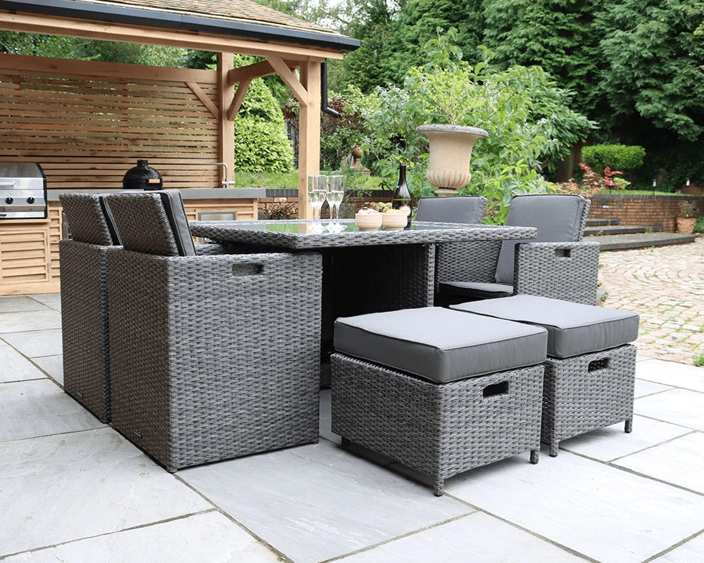 Paris 8 Seater Rattan Garden Dining Cube Set with Square Table, 4 Cube Chairs & 4 Integral Stools