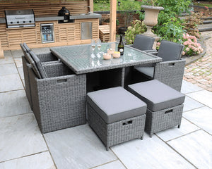 Paris 8 Seater Rattan Garden Dining Cube Set with Square Table, 4 Cube Chairs & 4 Integral Stools