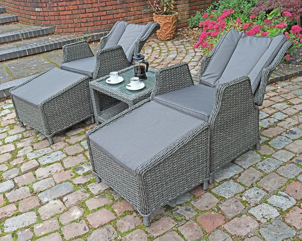 Paris Rattan Garden Lounge Relaxer Set with Table, 2 Armchairs & Foot Stools