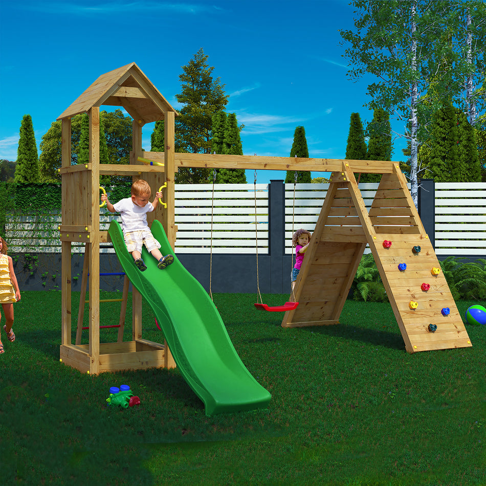 Shire Fleppi Climbing Wall, Double Swings & Slide Kids Playfort