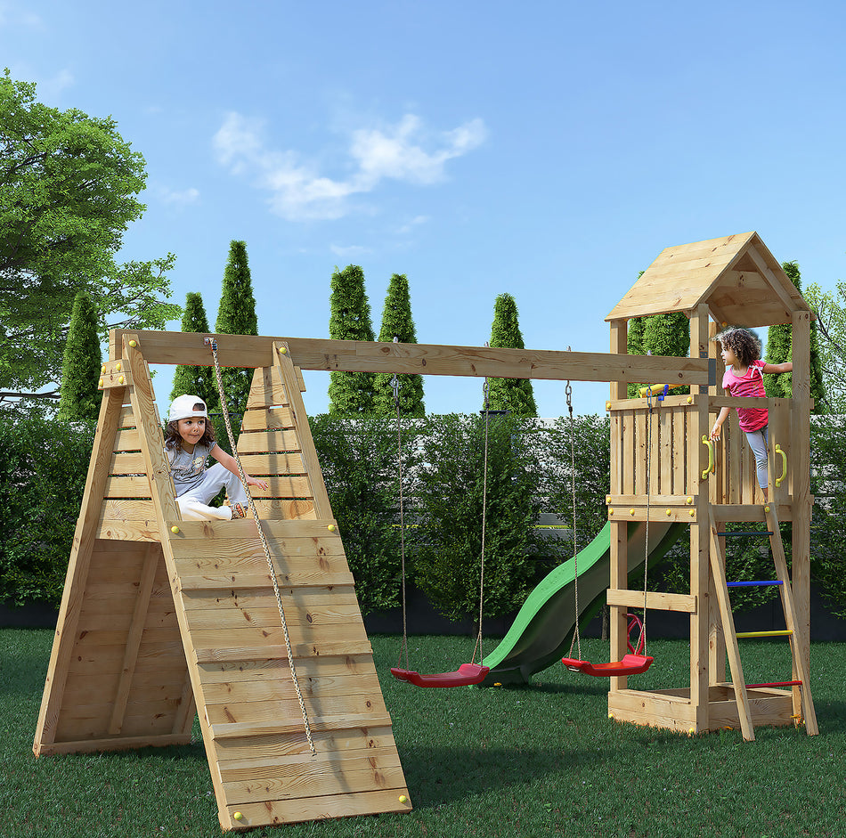 Shire Fleppi Climbing Wall, Double Swings & Slide Kids Playfort