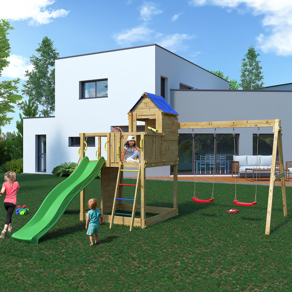 Shire Treehouse Style Climbing Wall with Double Swings & Slide