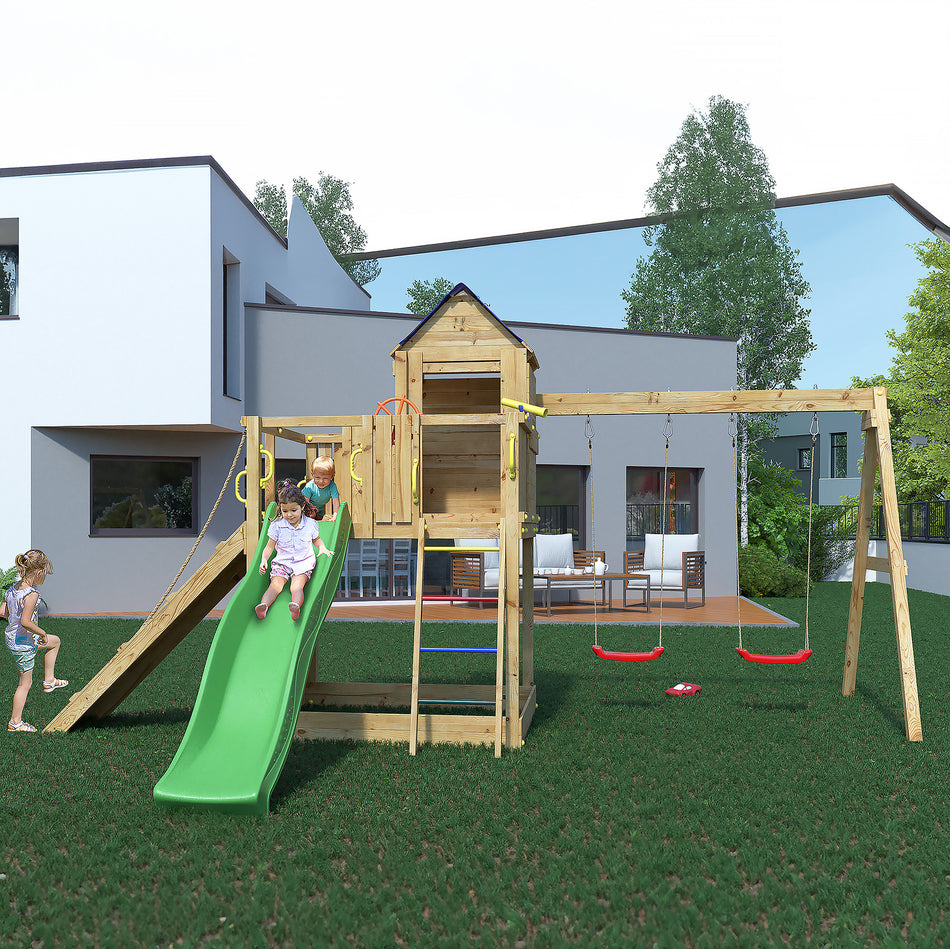 Shire Treehouse Style Climbing Wall with Double Swings & Slide
