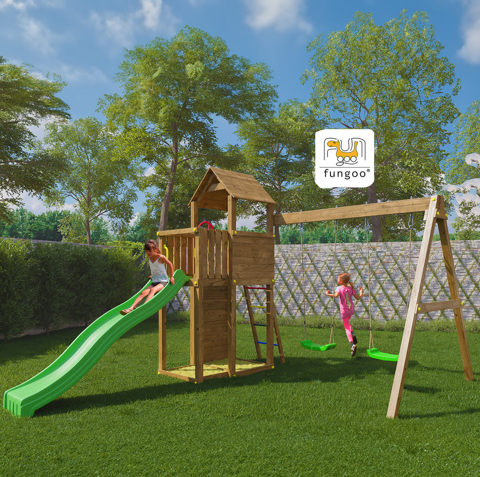 Shire Boomer Climbing Wall Playfort with Double Swings & Slide