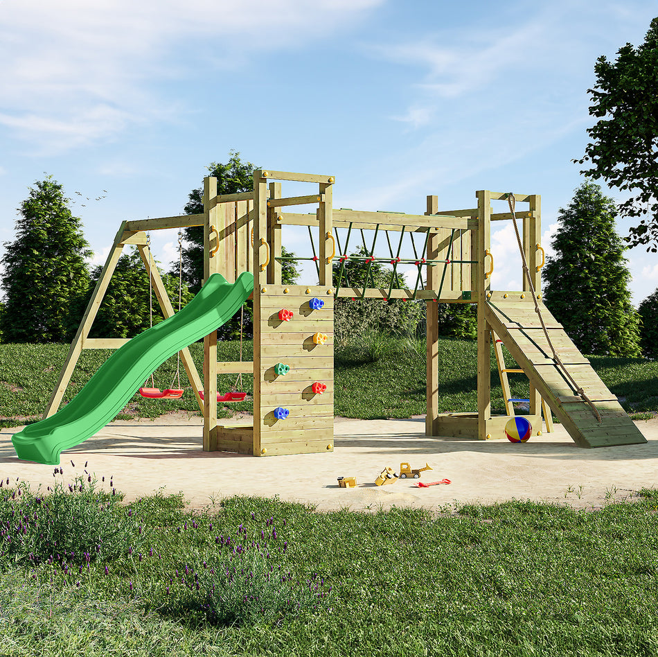 Shire Maxi Fun Climbing Wall, Rope Bridge with Double Swings & Slide
