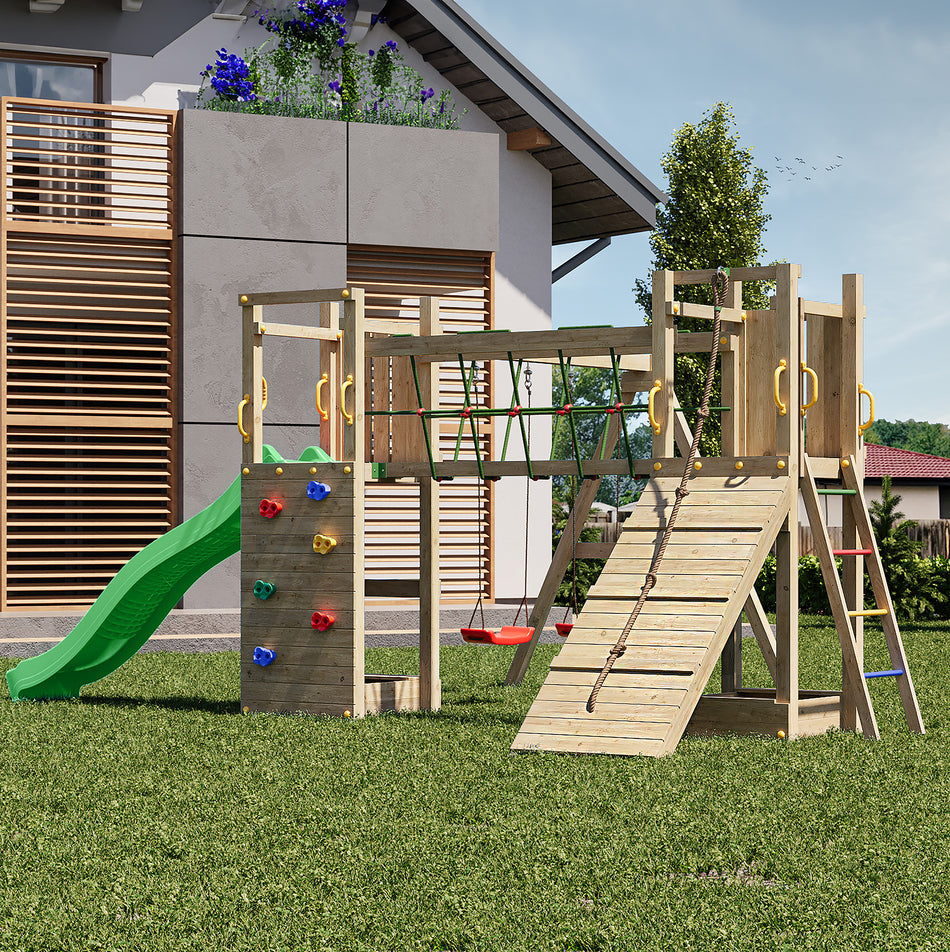 Shire Maxi Fun Climbing Wall, Rope Bridge with Double Swings & Slide