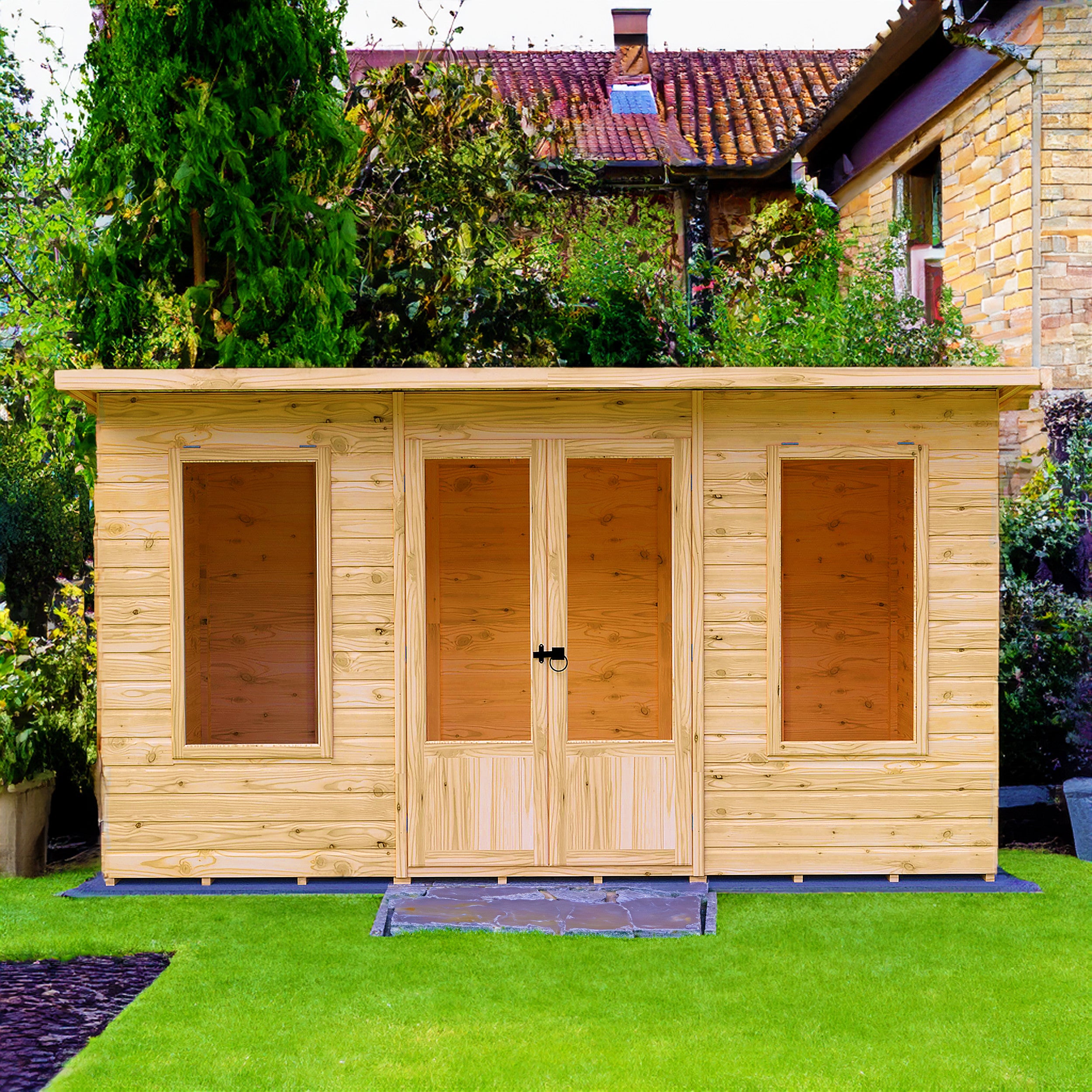 Peony 12x6 Wooden Overlap Pent Summerhouse with Double Doors