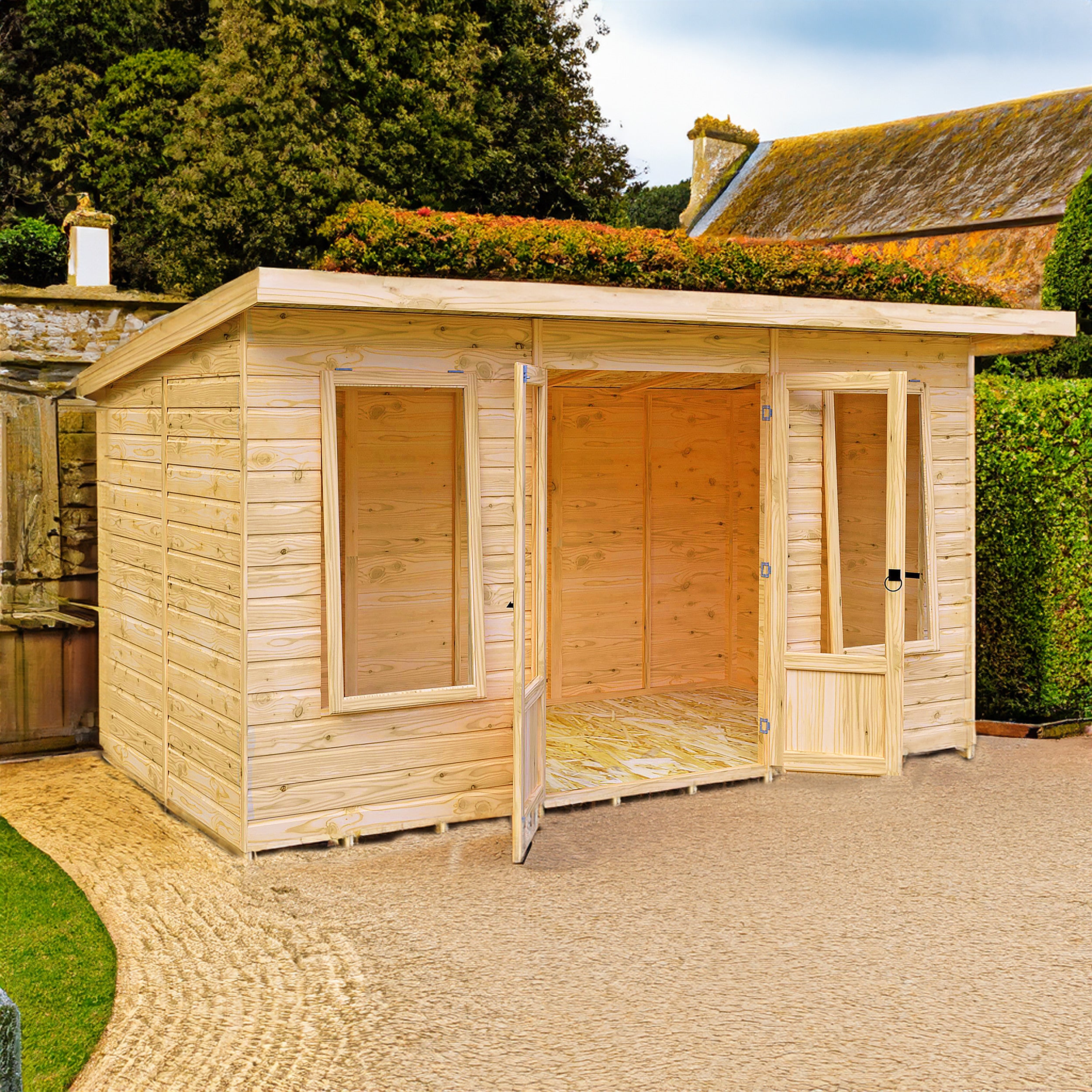 Peony 12x6 Wooden Overlap Pent Summerhouse with Double Doors