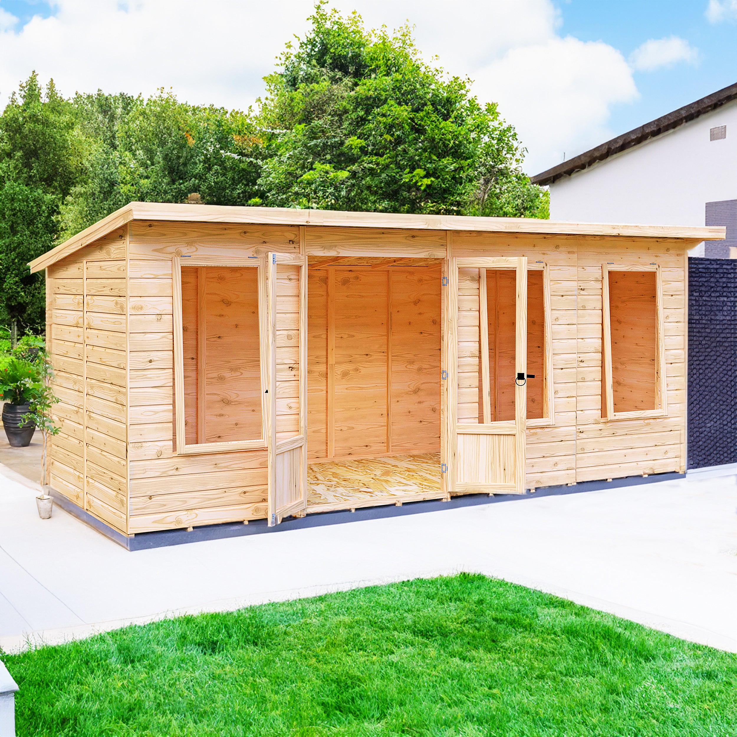 Peony 16x6 Large Wooden Overlap Pent Summerhouse with Double Doors