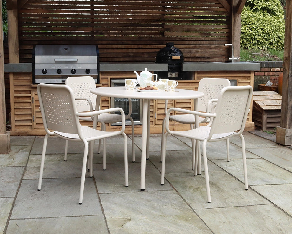 Porto 4 Seater Metal Garden Dining Set with Round 100cm Table & Stacking Chairs – Champagne