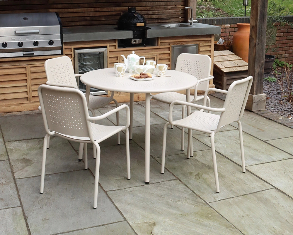 Porto 4 Seater Metal Garden Dining Set with Round 100cm Table & Stacking Chairs -  Champagne