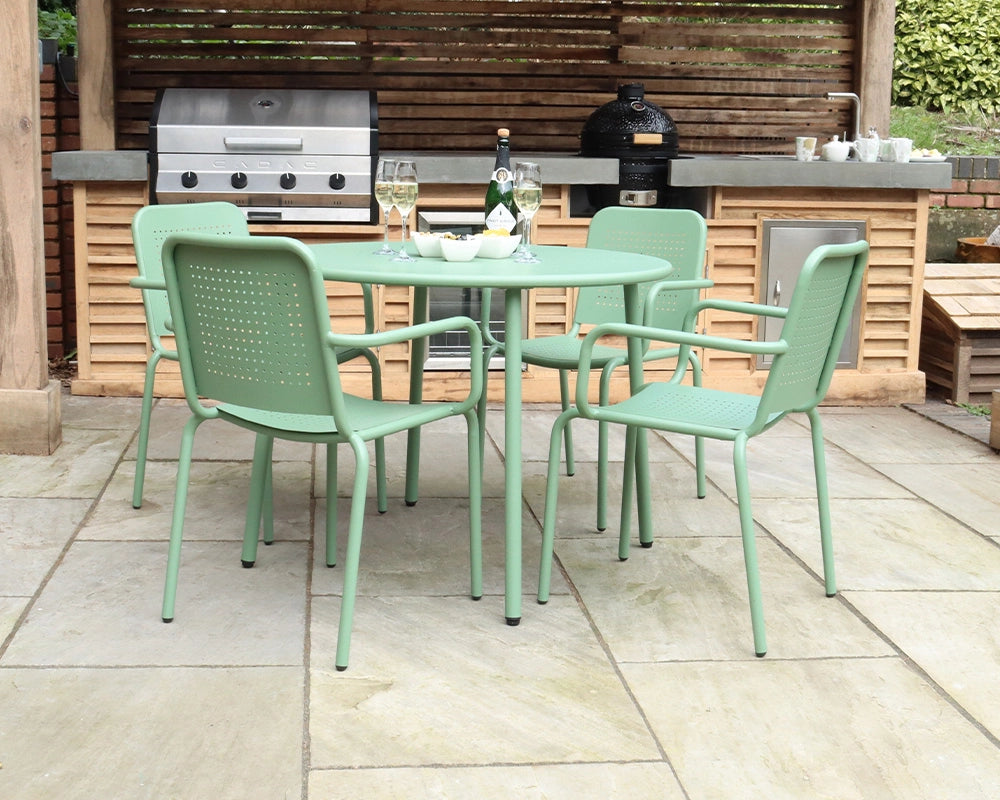 Porto 4 Seater Metal Garden Dining Set with Round 100cm Table & Stacking Chairs -  Olive