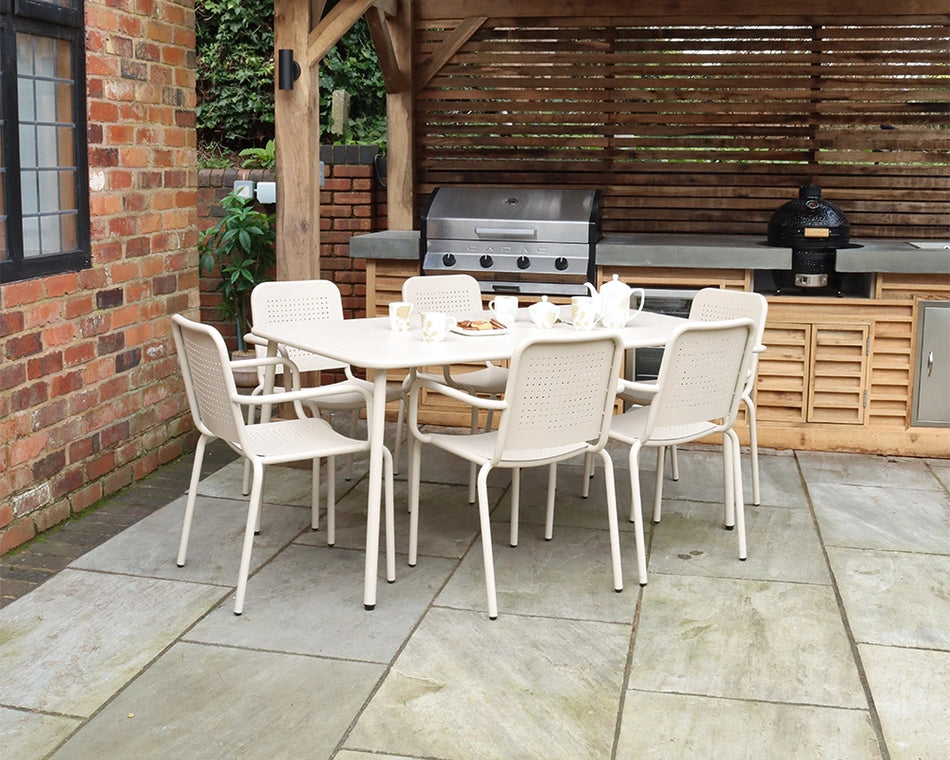Porto 6 Seater Metal Garden Dining Set with 160x90cm Table & Stacking Chairs -  Champagne