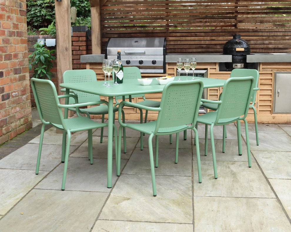 Porto 6 Seater Metal Garden Dining Set with 160x90cm Table & Stacking Chairs – Olive