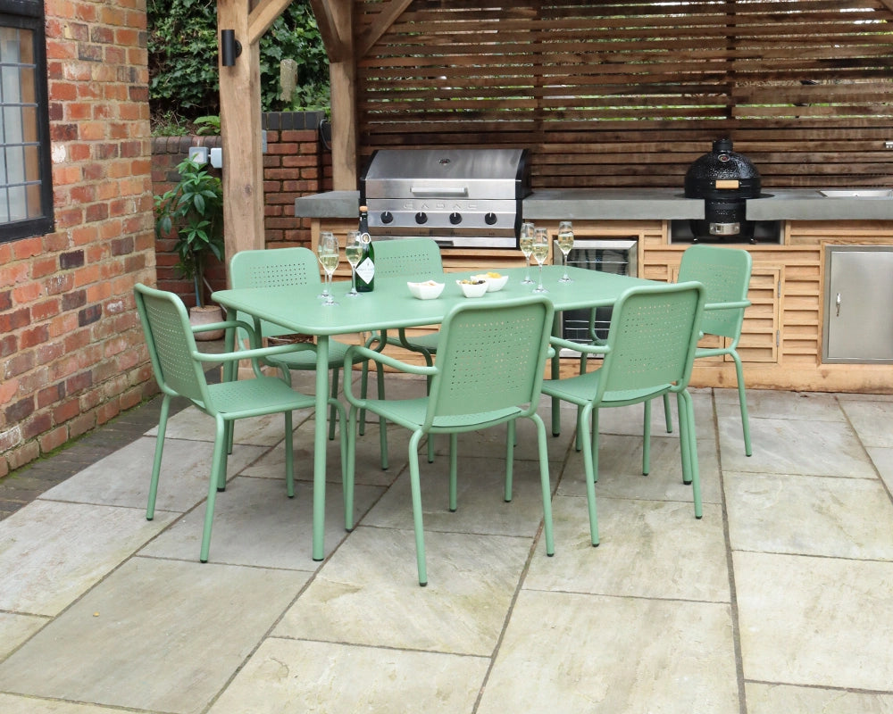 Porto 6 Seater Metal Garden Dining Set with 160x90cm Table & Stacking Chairs -  Olive