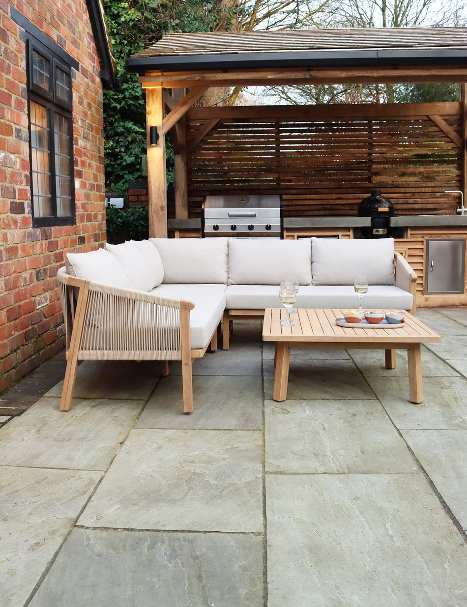 Roma Wooden Garden Corner Lounge Set -  L Shaped Corner Sofa with Square Coffee Table