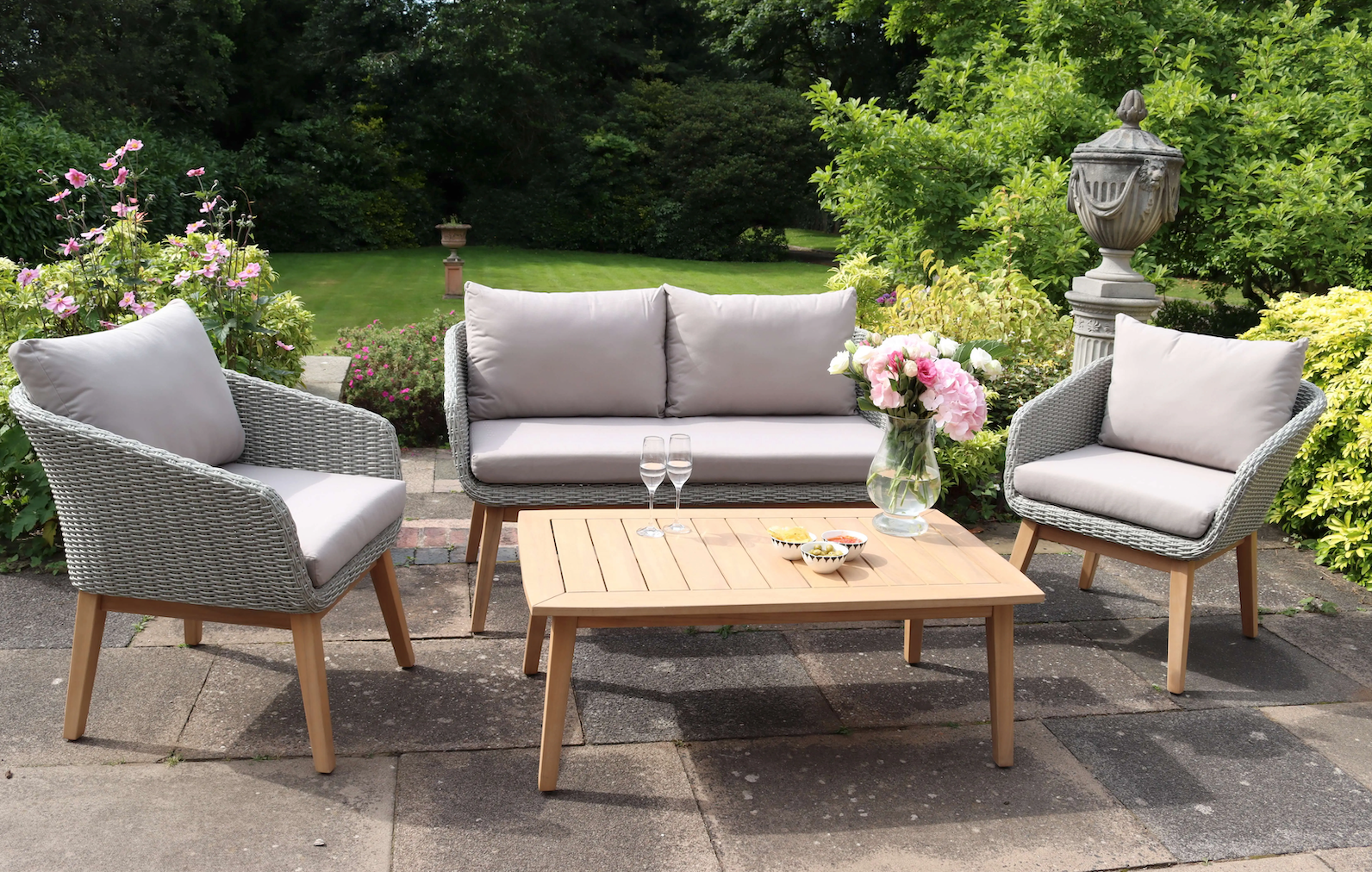 Sol 4 Seater Wooden Garden Lounge Set with Rattan Weave - Sofa & 2 Armchairs