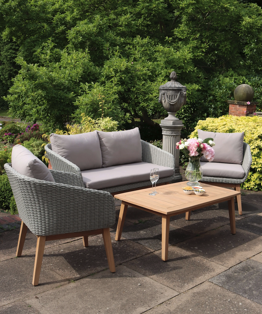 Sol 4 Seater Wooden Garden Lounge Set with Rattan Weave - Sofa & 2 Armchairs