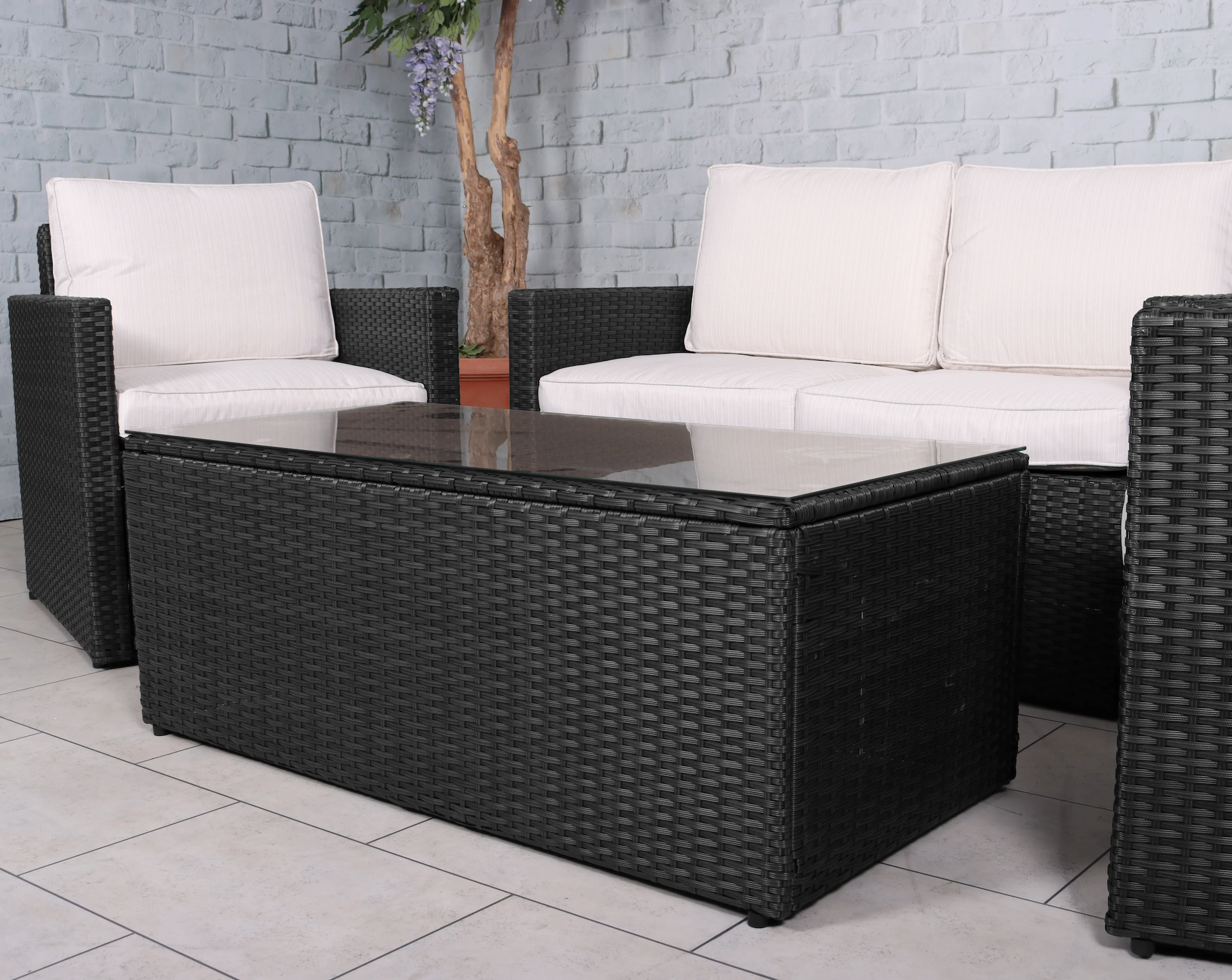 Berlin Black Rattan Garden Lounge Set -  2 Seater Sofa, 2 Armchairs & Table