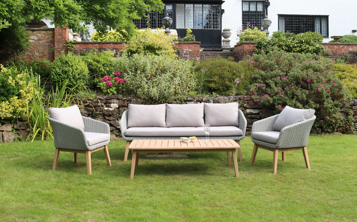 Sol 5 Seater Wooden Garden Lounge Set with Rattan Weave - 3 Seater Sofa & 2 Armchairs