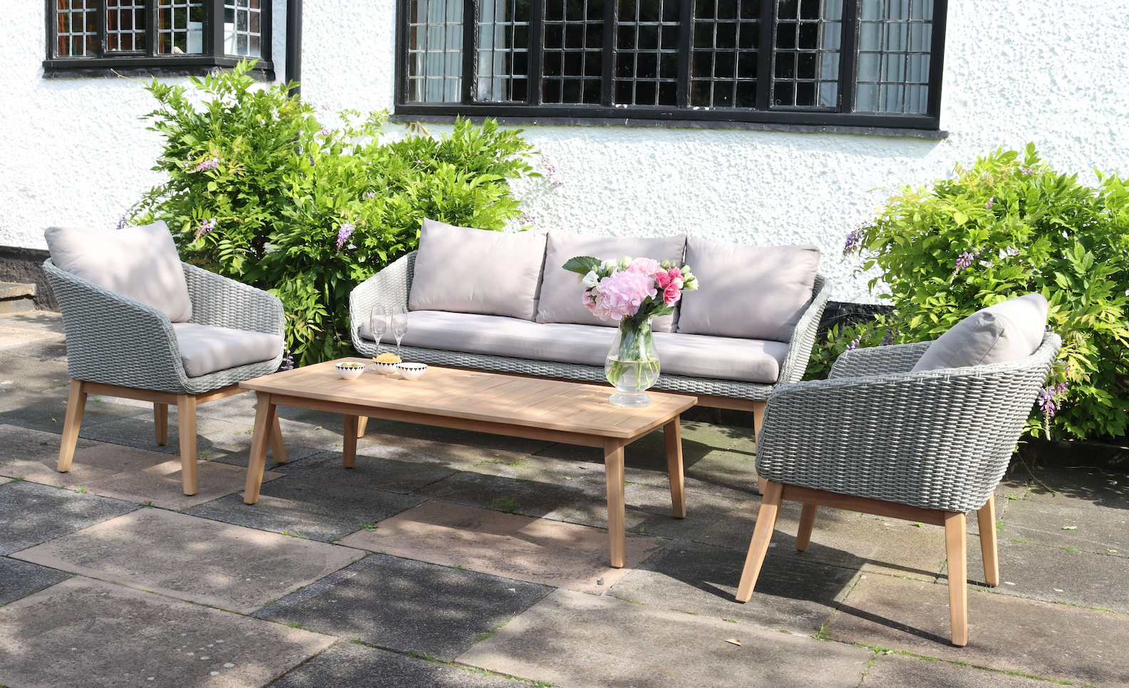 Sol 5 Seater Wooden Garden Lounge Set with Rattan Weave - 3 Seater Sofa & 2 Armchairs