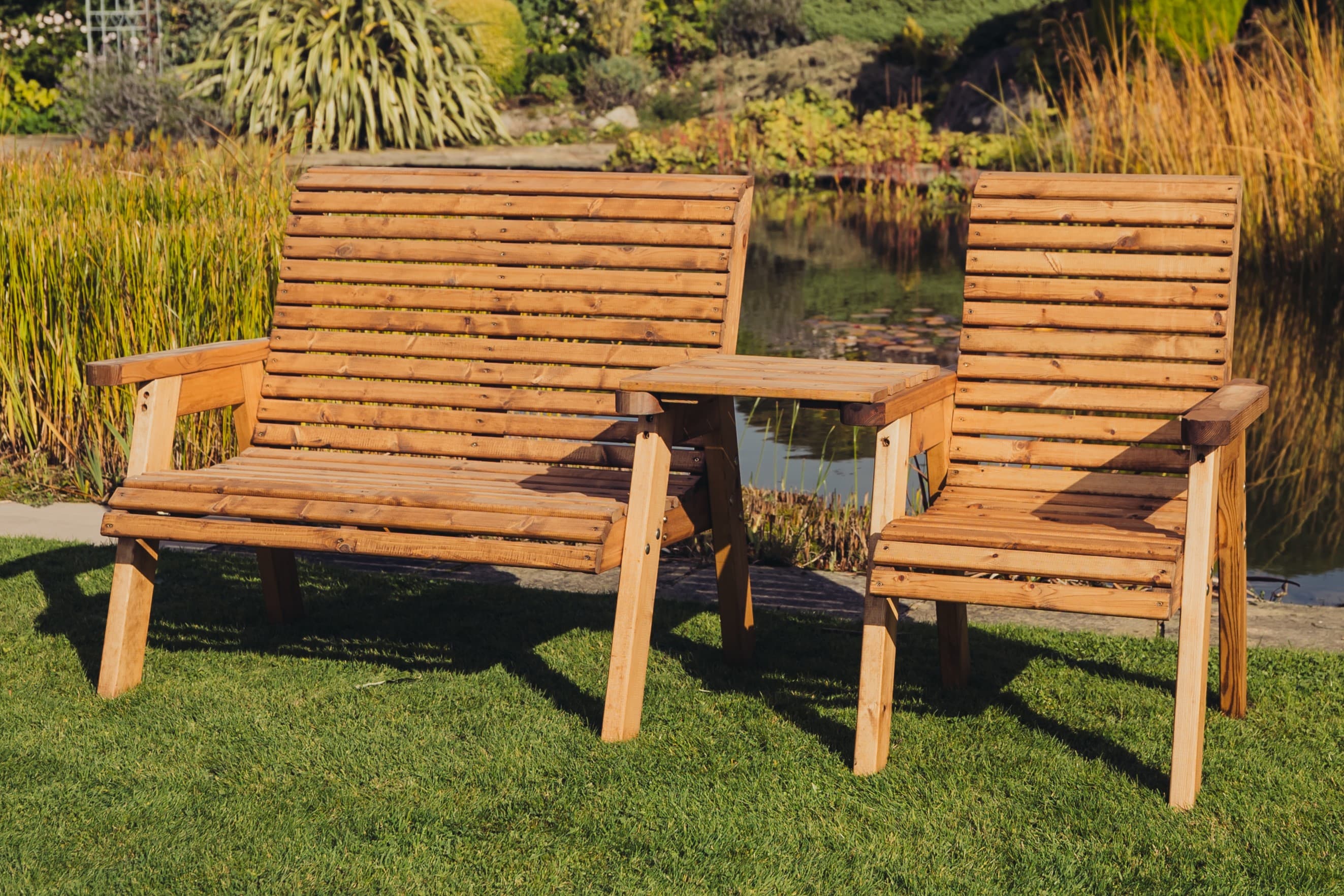 Valley Trio Wooden Garden Love Seat & Bench with Straight Central Tray - Churnet Valley